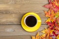 Cup with black coffee on wooden table with autumn fallen yellow, orange and red leaves Royalty Free Stock Photo