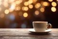 Cup of black coffee on wooden table in cafe. Christmas lights and gold garland on background. Royalty Free Stock Photo