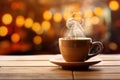 Cup of black coffee on wooden table in cafe. Christmas lights and gold garland on background. Royalty Free Stock Photo