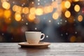 Cup of black coffee on wooden table in cafe. Christmas lights and gold garland on background. Royalty Free Stock Photo