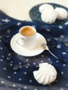 a cup of black freshly brewed espresso with white marshmallows Royalty Free Stock Photo