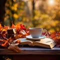 Cup of black tea with books and autumn leaves , AI Generated Royalty Free Stock Photo