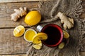 Cup of black tea with honey, lemon and ginger Royalty Free Stock Photo