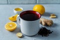 Cup of black tea with honey, lemon and ginger Royalty Free Stock Photo