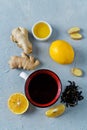 Cup of black tea with honey, lemon and ginger Royalty Free Stock Photo