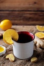 Cup of black tea with honey, lemon and ginger Royalty Free Stock Photo