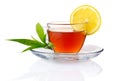 Cup of black tea with lemon and green leaves Royalty Free Stock Photo