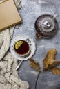 Cup with black tea and lemon and saucer, spoon, glass teapot, book, oak leaves and knitted scarf near, at gray background