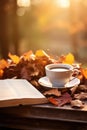 Cup of black tea on pile of books and autumn leaves , AI Generated Royalty Free Stock Photo
