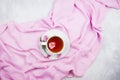 Cup of black tea with pink daisy flowers Royalty Free Stock Photo