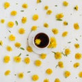 A cup of black tea surrounded by dandelions. Summer tea party. Herbal teas. Royalty Free Stock Photo