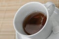 Cup of black tea with teabag inside