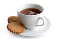 A cup of black tea with two gingerbread biscuits isolated on white. White ceramic cup and saucer.