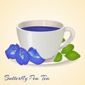 Cup of Blue tea with Butterfly Pea flowers and leaves on orange background. Blue Pea Tea. Clitoria Ternatea