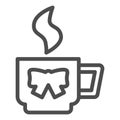 Cup with bow line icon. Breakfast hot drink,mug, steam and ribbon symbol, outline style pictogram on white background Royalty Free Stock Photo