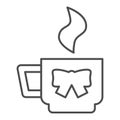 Cup with bow thin line icon. Breakfast hot drink,mug, steam and ribbon symbol, outline style pictogram on white Royalty Free Stock Photo