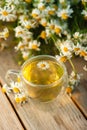 Cup of brewed chamomile tea on the background of a bouquet of daisies, close up Royalty Free Stock Photo