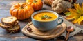 A cup of butternut squash soup served in a mug accompanied by a slice of crusty bread and autumn decorations Creative AI Royalty Free Stock Photo