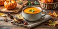 A cup of butternut squash soup served in a mug accompanied by a slice of crusty bread and autumn decorations Creative AI Royalty Free Stock Photo