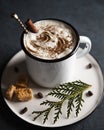 Cup of cacao dark hot chocolate winter coffe milk latte cappuchino christmas tree morning