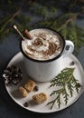 Cup of cacao dark hot chocolate winter coffe milk latte cappuchino christmas tree morning Royalty Free Stock Photo