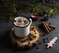 Cup of cacao dark winter latte cappuchino christmas tree