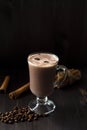 Cup of cacao. glass of hot chocolate with whipped cream, coffee beans and cinnamon sticks on a dark background. Royalty Free Stock Photo