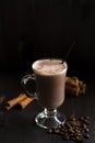 Cup of cacao. glass of hot chocolate with whipped cream, coffee beans and cinnamon sticks on a dark background. Royalty Free Stock Photo