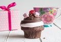 Cup cake birthday celebration background - Chocolate cupcake wit Royalty Free Stock Photo