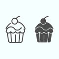 Cup Cake line and solid icon. Cup cake with a cherry vector illustration isolated on white. Brownie outline style design