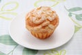 Cup cake muffin with almond and suggar on a plate on table cloth Royalty Free Stock Photo