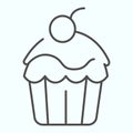 Cup Cake thin line icon. Cup cake with a cherry vector illustration isolated on white. Brownie outline style design