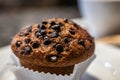 Cup cake topping with shocolate and Nuts on the white plate in a cafe during coffee break Royalty Free Stock Photo