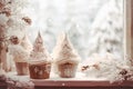 Cup cakes decorated with Christmas ornament close to the window and snow flake outside, generative AI