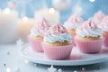 Cup cakes on pastel colour room for pastry. Generative ai Royalty Free Stock Photo