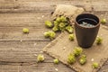 Cup of calming herbal tea with fresh wild hops. Hops cones in sack on vintage boards background Royalty Free Stock Photo