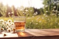 A cup of camomile tea on wooden table and camomile flowers in the morning with nature background. Generative AI Royalty Free Stock Photo