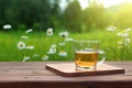 A cup of camomile tea on wooden table and camomile flowers in the morning with nature background. Generative AI Royalty Free Stock Photo