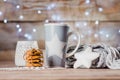 Cup, candlestick, scarf and cookies Royalty Free Stock Photo