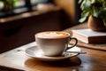 Cup of cappuccino with art and on a wooden table in a coffee shop. Copy space. Royalty Free Stock Photo