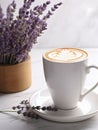 Cup of cappuccino and bouquet of lavender flowers in a vase.
