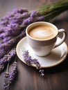 Cup of cappuccino and bouquet of lavender flowers.