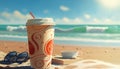 A cup of cappuccino coffee with a beach background Generative AI