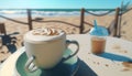 A cup of cappuccino coffee with a beach background Generative AI