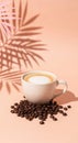 A cup of cappuccino with coffee bean and palm leaf shadow creates a warm and inviting atmosphere Royalty Free Stock Photo