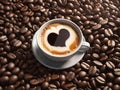 Cup of cappuccino coffee with heart foam art pattern on a bed of roasted whole coffee beans. Top view photo. Food background with Royalty Free Stock Photo