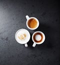 Cup of cappuccino, espresso macchiato and espresso Royalty Free Stock Photo