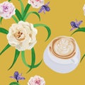 Cup of cappuccino flowers bouquet yellow background