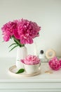 Cup with cappuccino, flowers peony
