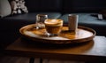 Cup of cappuccino with flowery picture on the foam. Yummy drink on the wooden tray inside the cozy interior. Generative AI